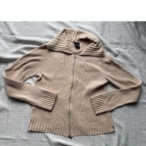 Nautica Jeans Co Tan Beige Ribbed Full Zip Cotton Cardigan Sweater Womens Large